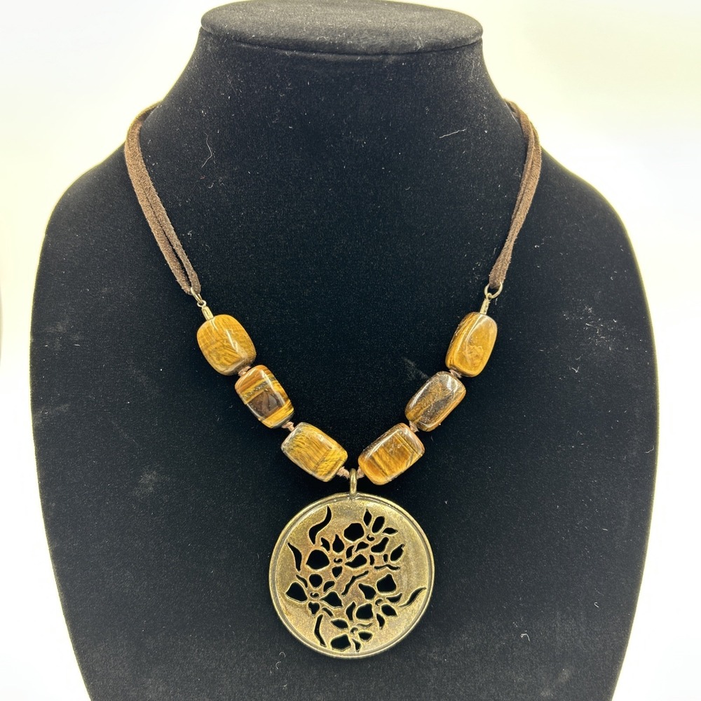Avon 2007 Bronze Tone Medallion and Genuine‎ Tiger's Eye Necklace